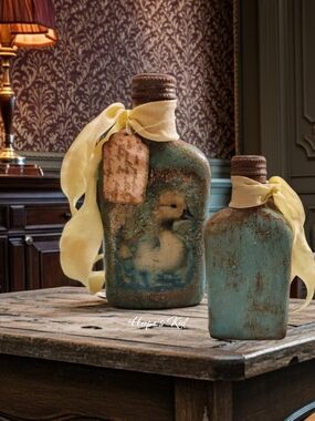 Rustic Blue Decorative Bottle with Yellow Ribbon